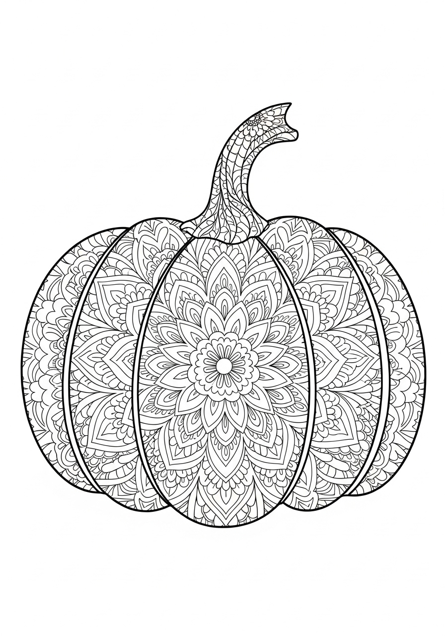 Kleurplaat Pompoen snijpatronen 15 mandala pompoen met bloemmotief en details kleurplaat