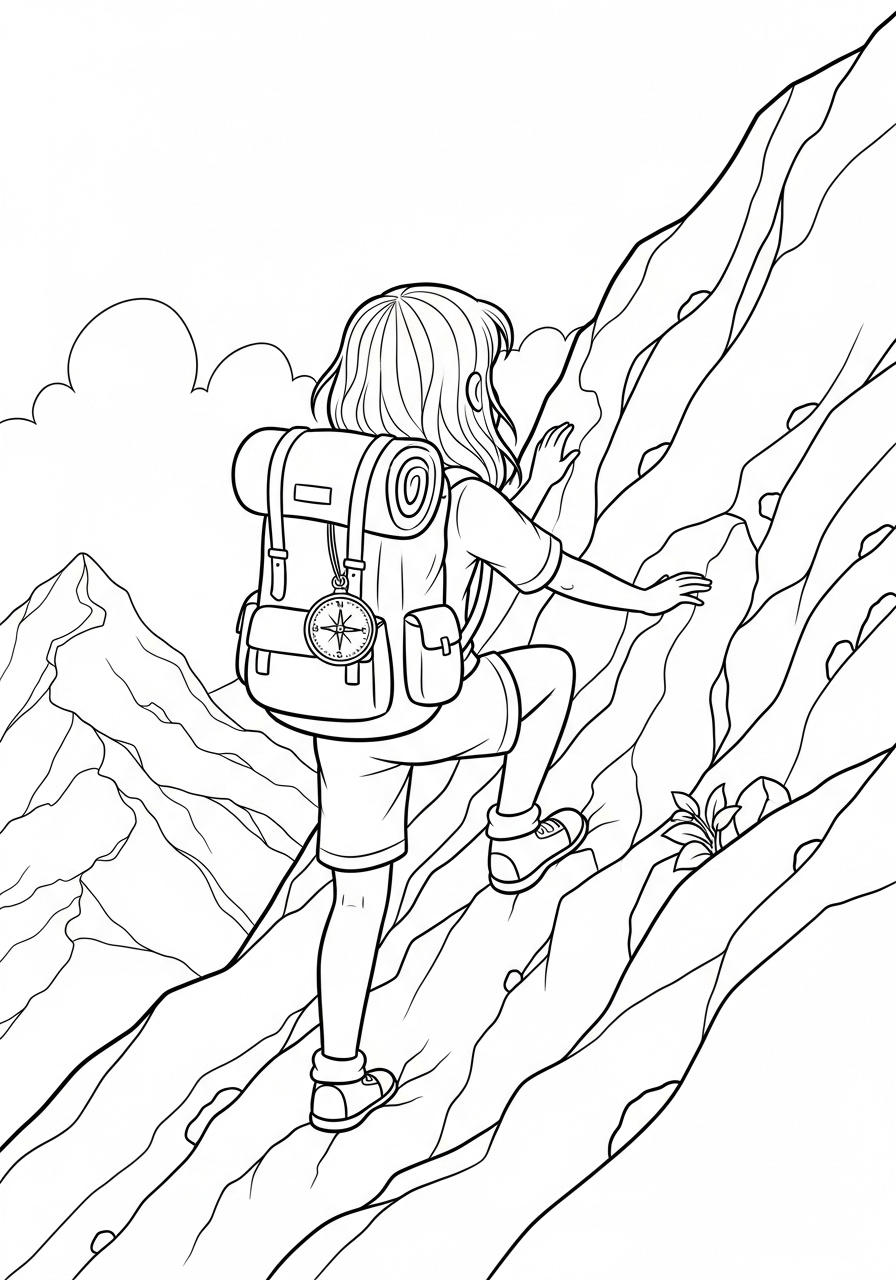 Avonturier Kleurplaat 15 meisje beklimt berg met rugzak en kompas avonturier kleurplaat