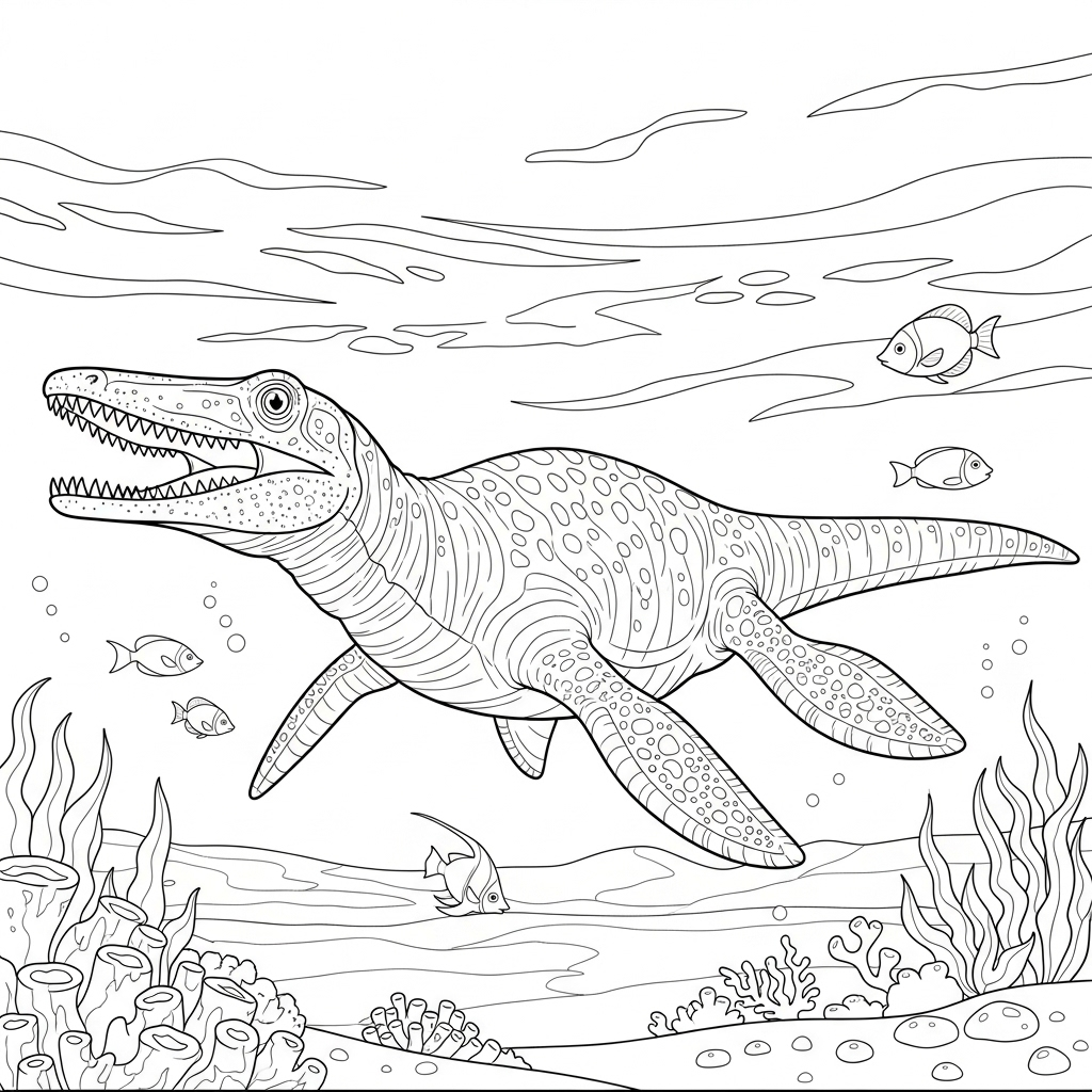 Mosasaurus Kleurplaat 16 mosasaurus tussen de vissen kleurplaat