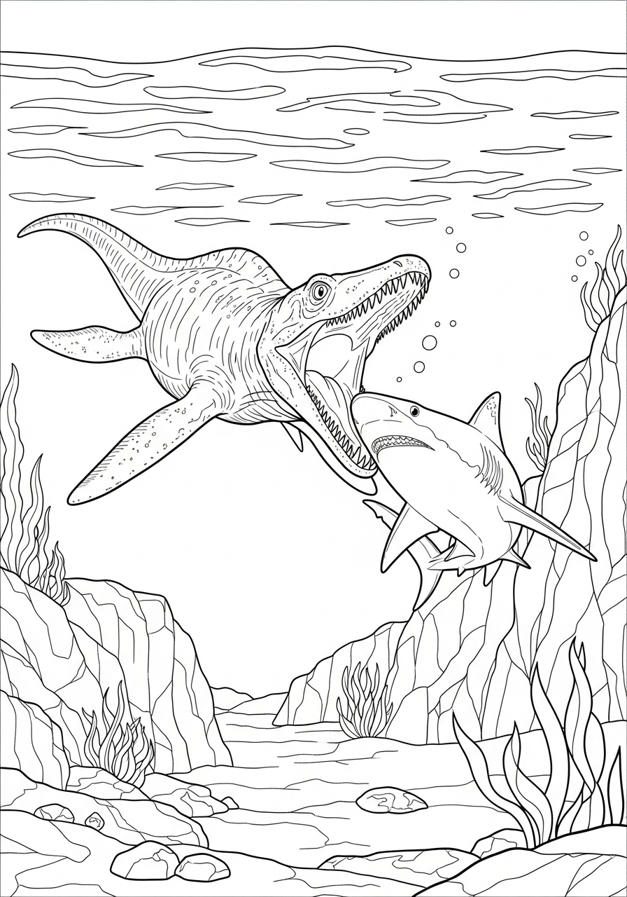 Mosasaurus Kleurplaat 14 mosasaurus vecht met haai kleurplaat