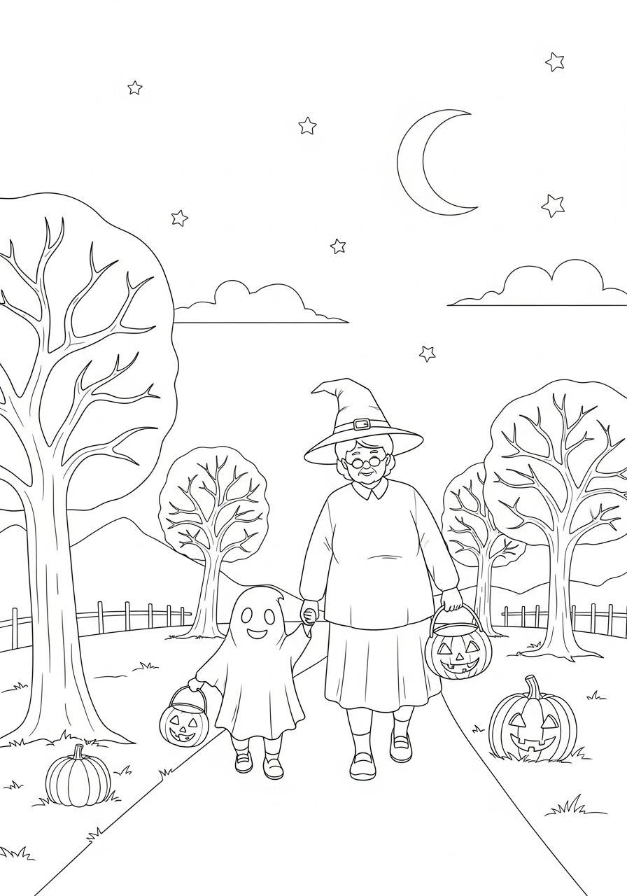 Kleurplaat Oma 24 oma en kind halloween wandeling kleurplaat