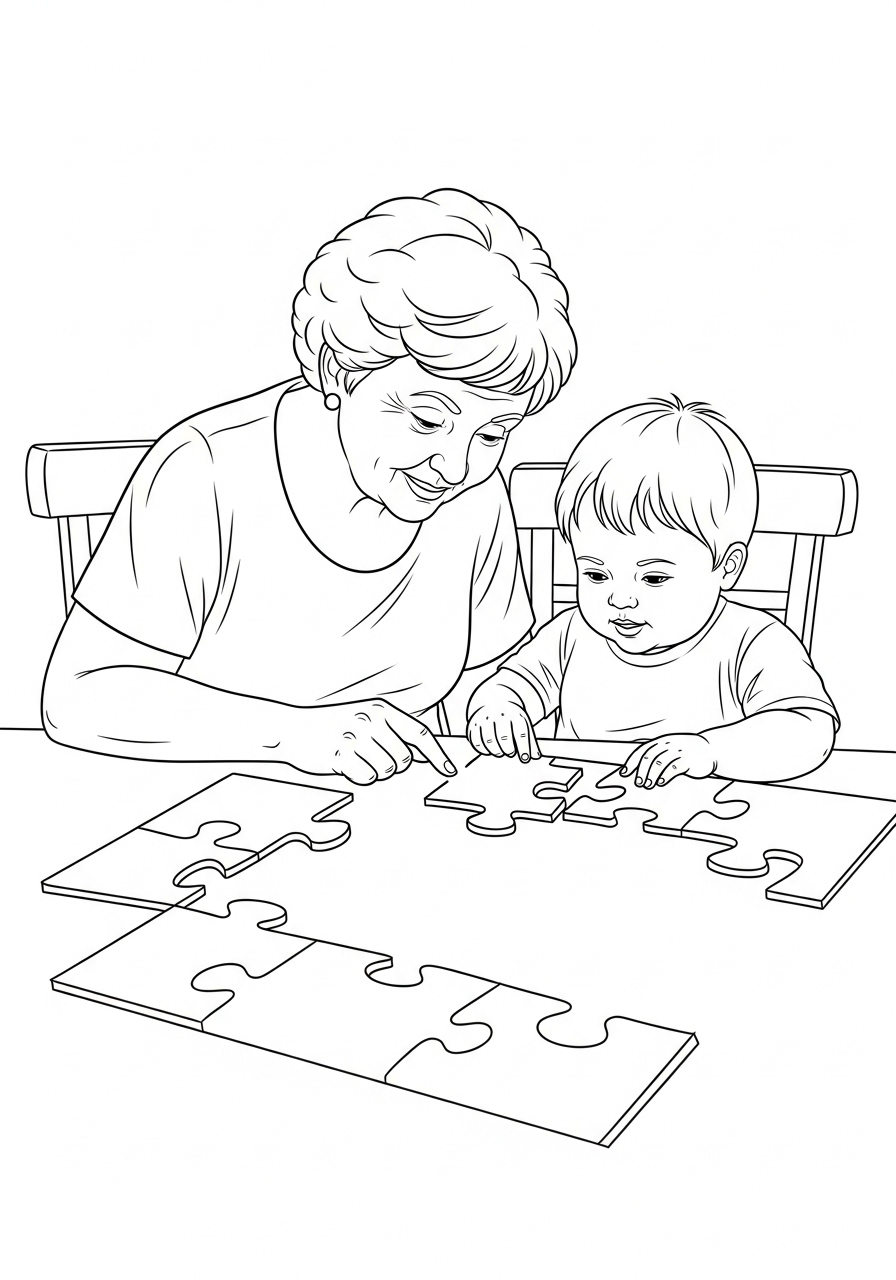 Kleurplaat Oma 22 oma en kleinkind maken puzzel kleurplaat