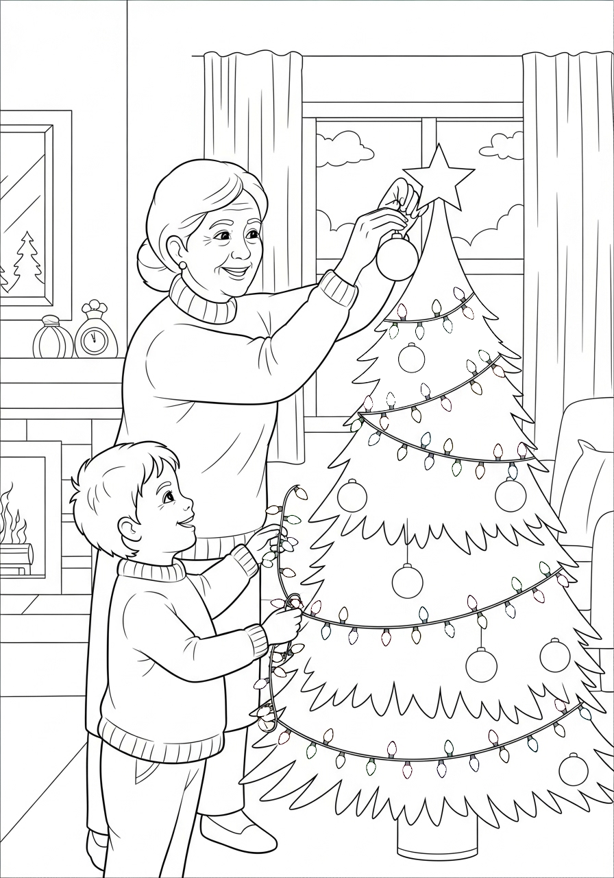 Kleurplaat Oma 18 oma en kleinkind versieren kerstboom kleurplaat