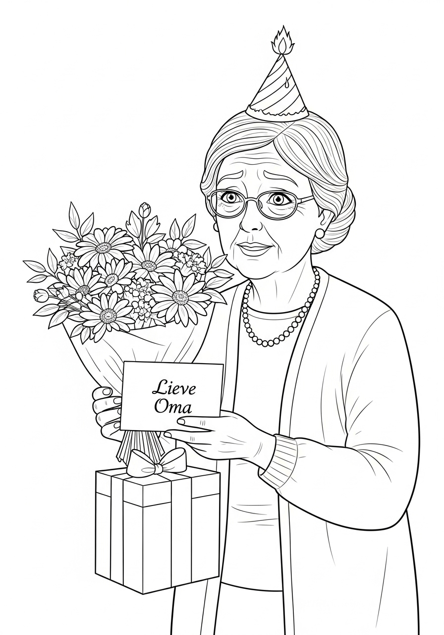 Kleurplaat Oma 9 oma verjaardag met bloemen en cadeau kleurplaat