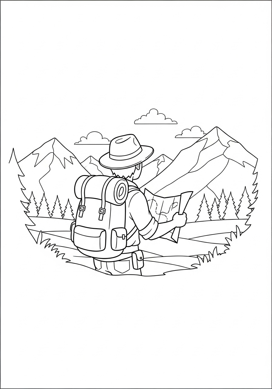 Avonturier Kleurplaat 14 ontdekkingsreiziger bekijkt bergen met kaart avonturier kleurplaat
