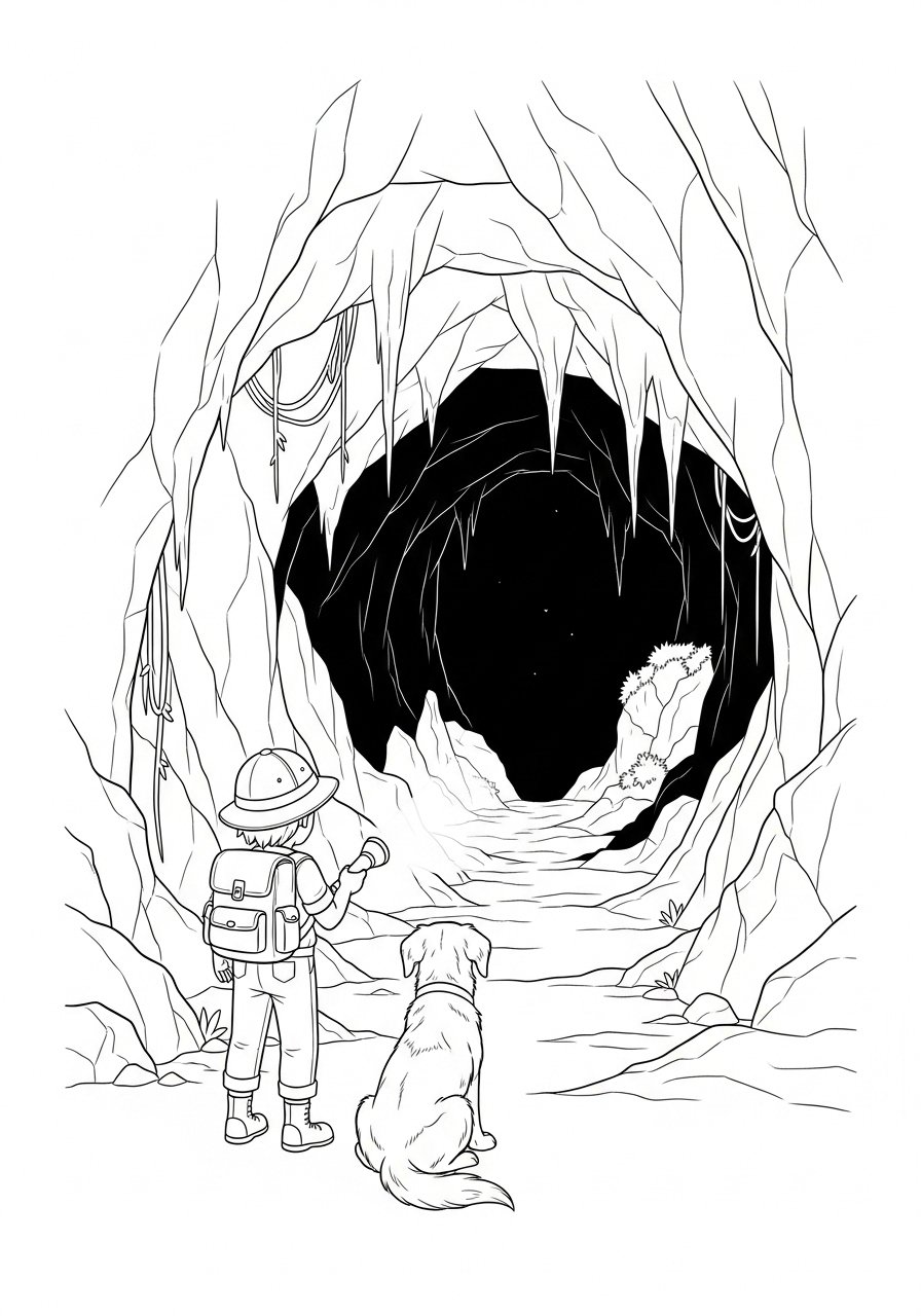Avonturier Kleurplaat 13 ontdekkingsreiziger en hond voor donkere grot avonturier kleurplaat
