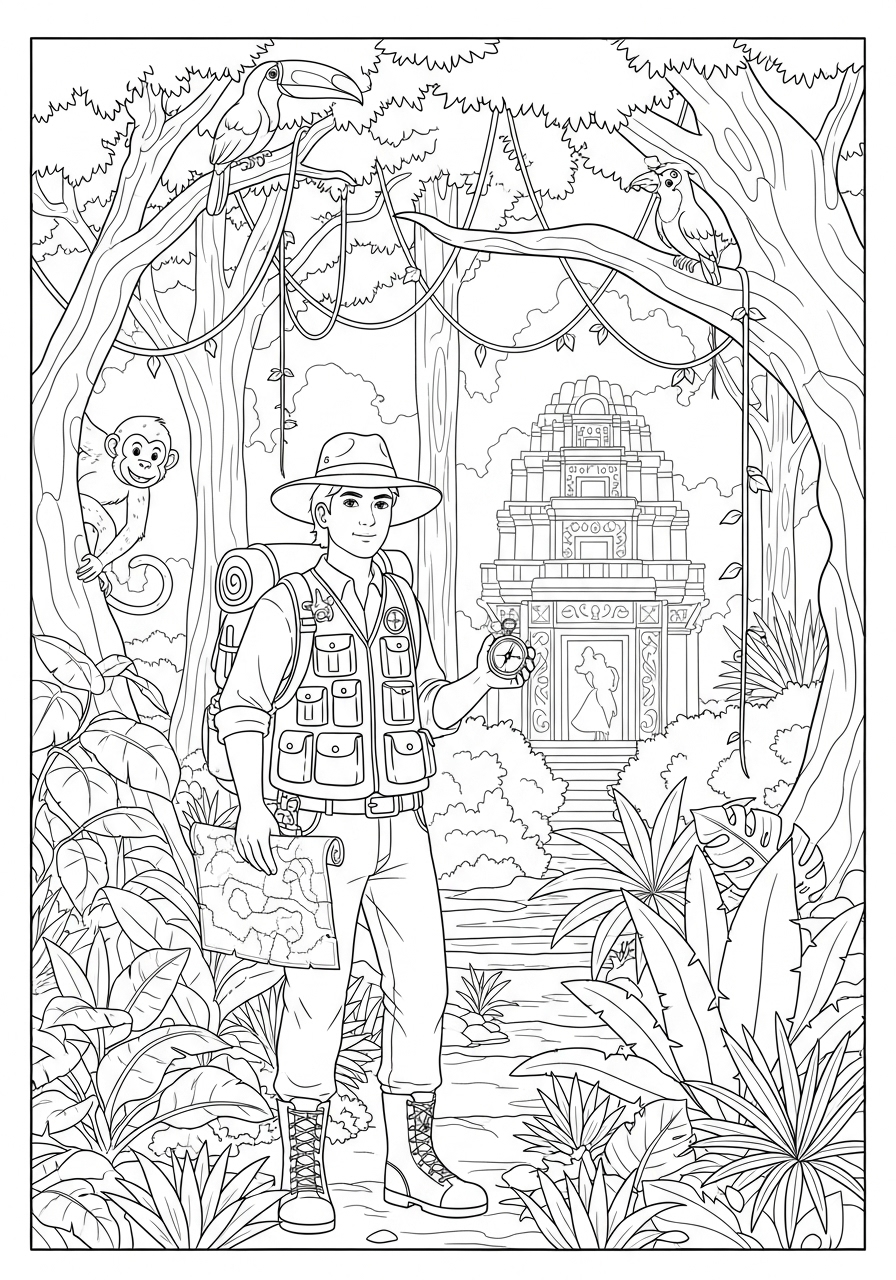 Avonturier Kleurplaat 12 ontdekkingsreiziger in de jungle met tempel avonturier kleurplaat