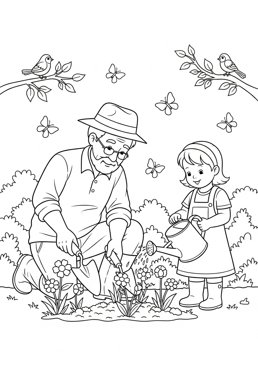 Kleurplaat Opa 25 opa en kleindochter tuinieren kleurplaat