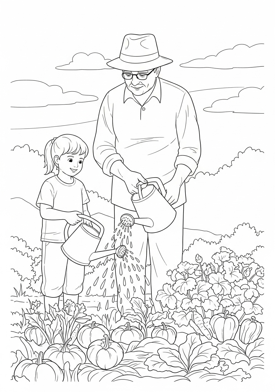 Kleurplaat Opa 24 opa en kleindochter wateren tuin kleurplaat