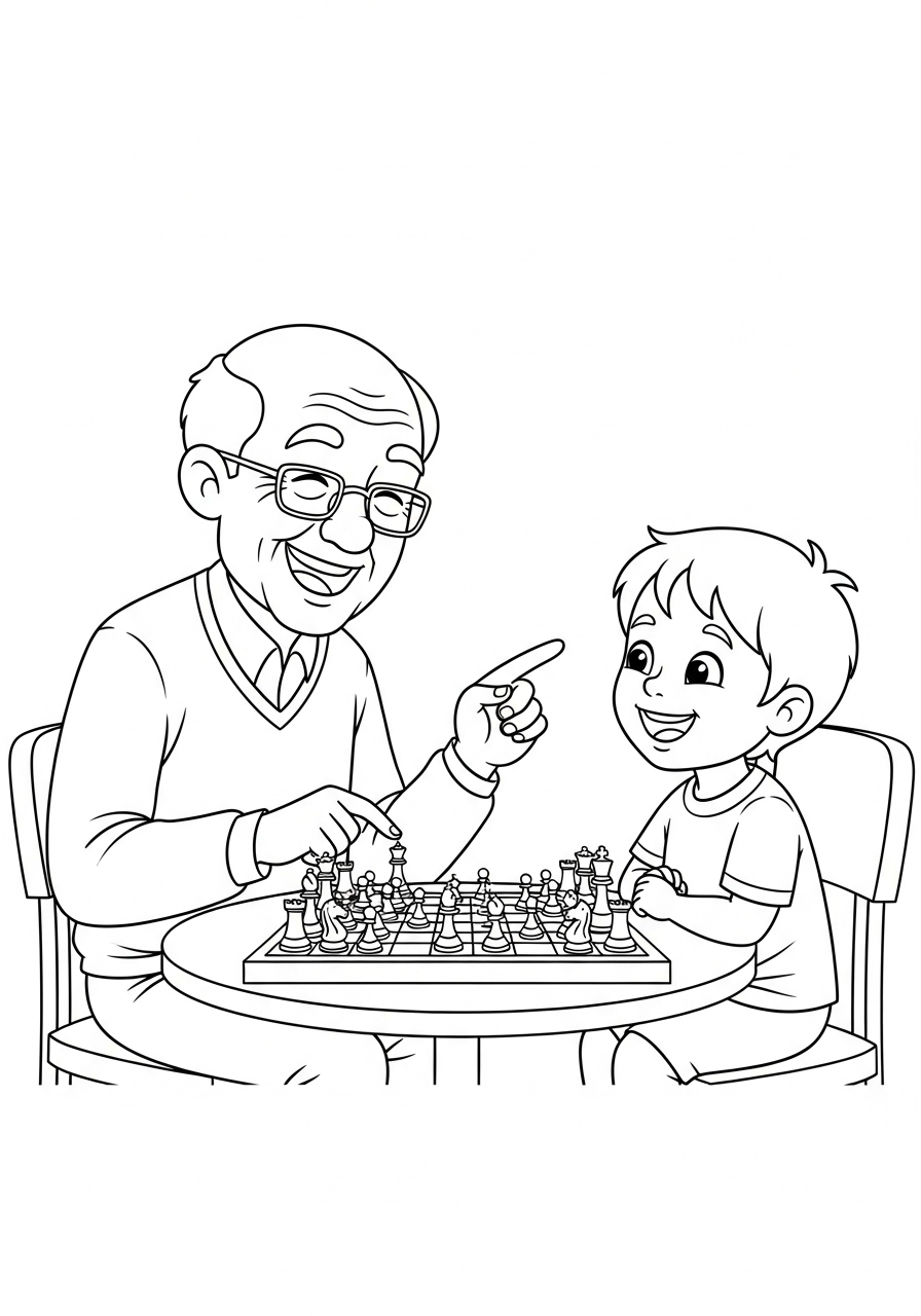 Kleurplaat Opa 23 opa en kleinkind schaken kleurplaat
