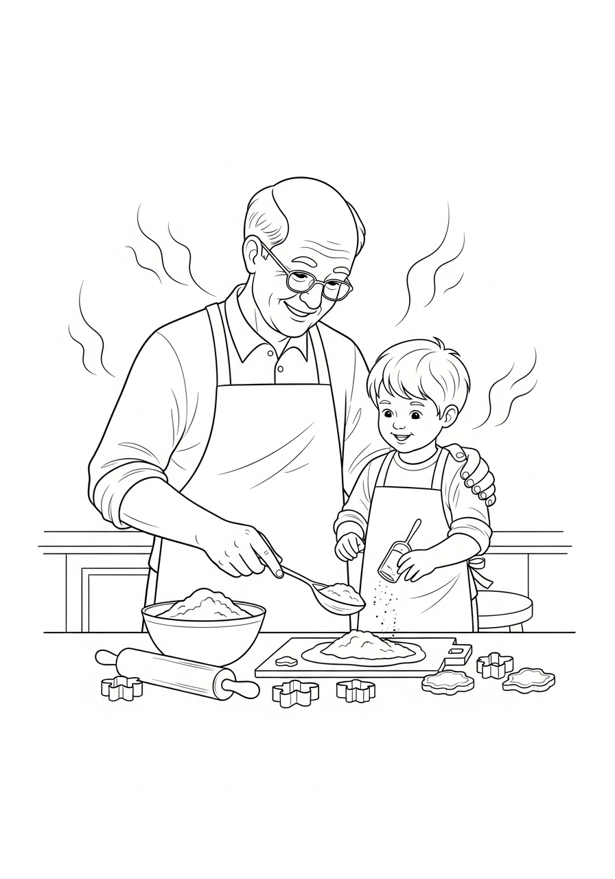 Kleurplaat Opa 22 opa en kleinzoon bakken koekjes kleurplaat