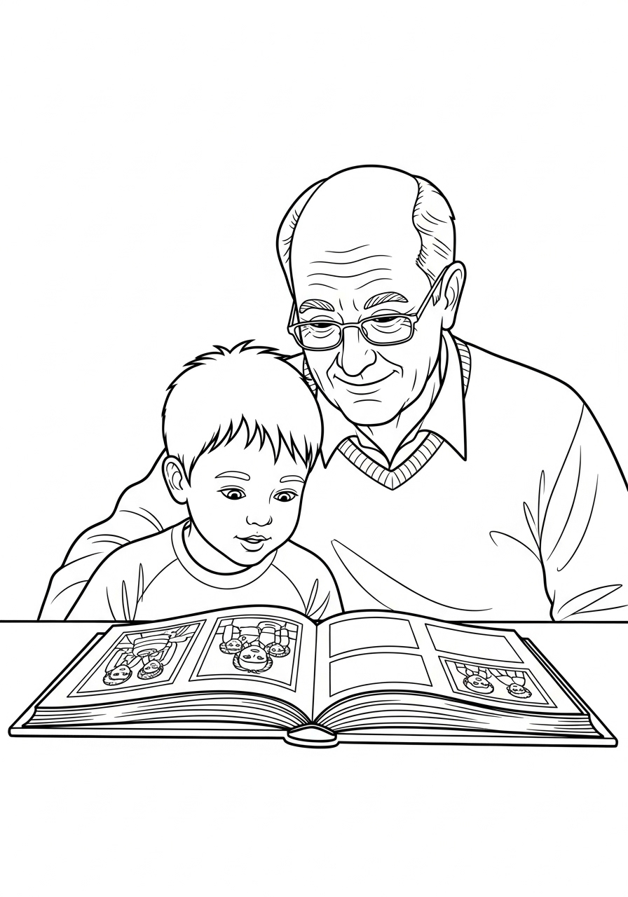 Kleurplaat Opa 21 opa en kleinzoon bekijken fotoboek kleurplaat