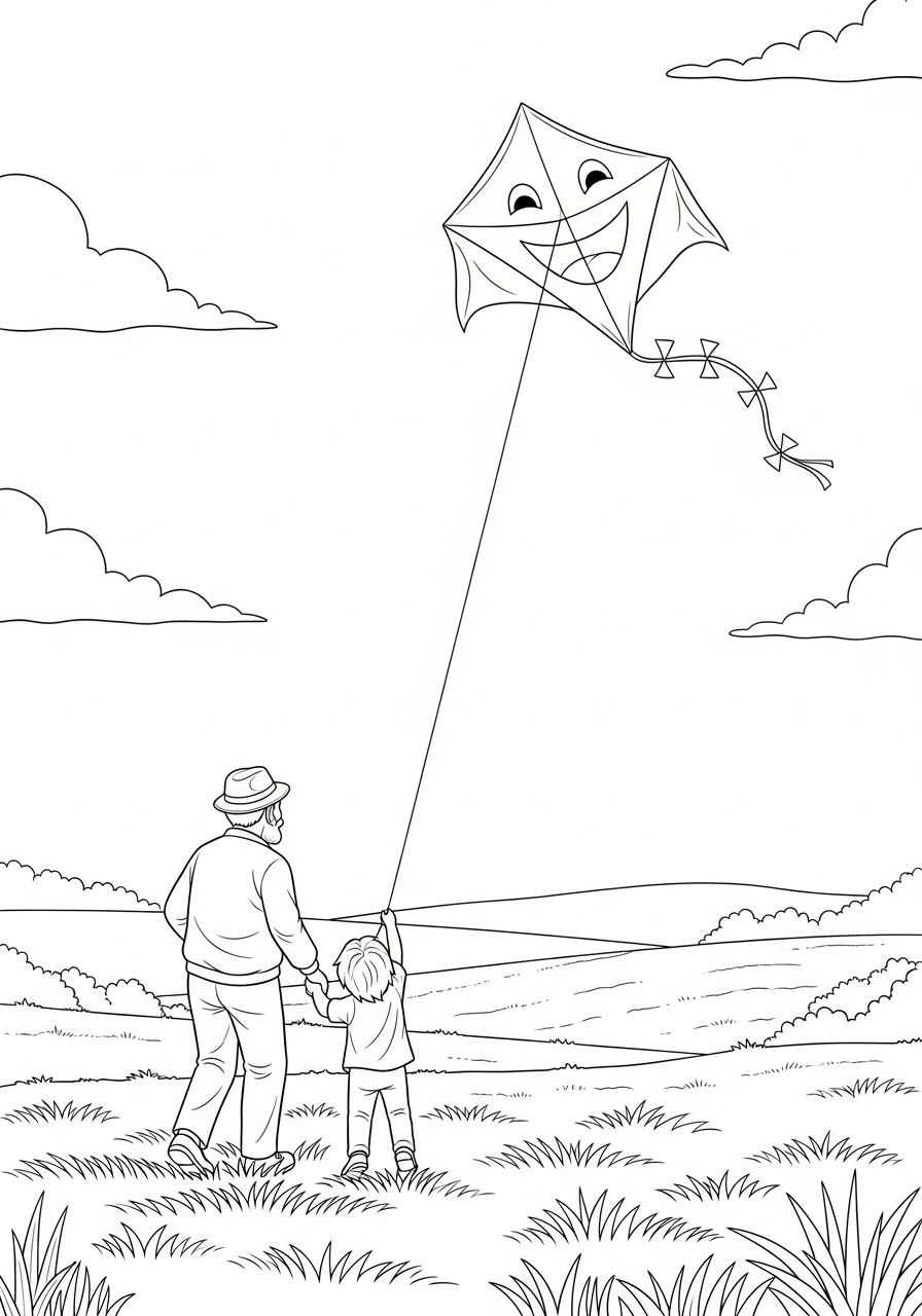 Kleurplaat Opa 19 opa en kleinzoon laten vlieger op kleurplaat