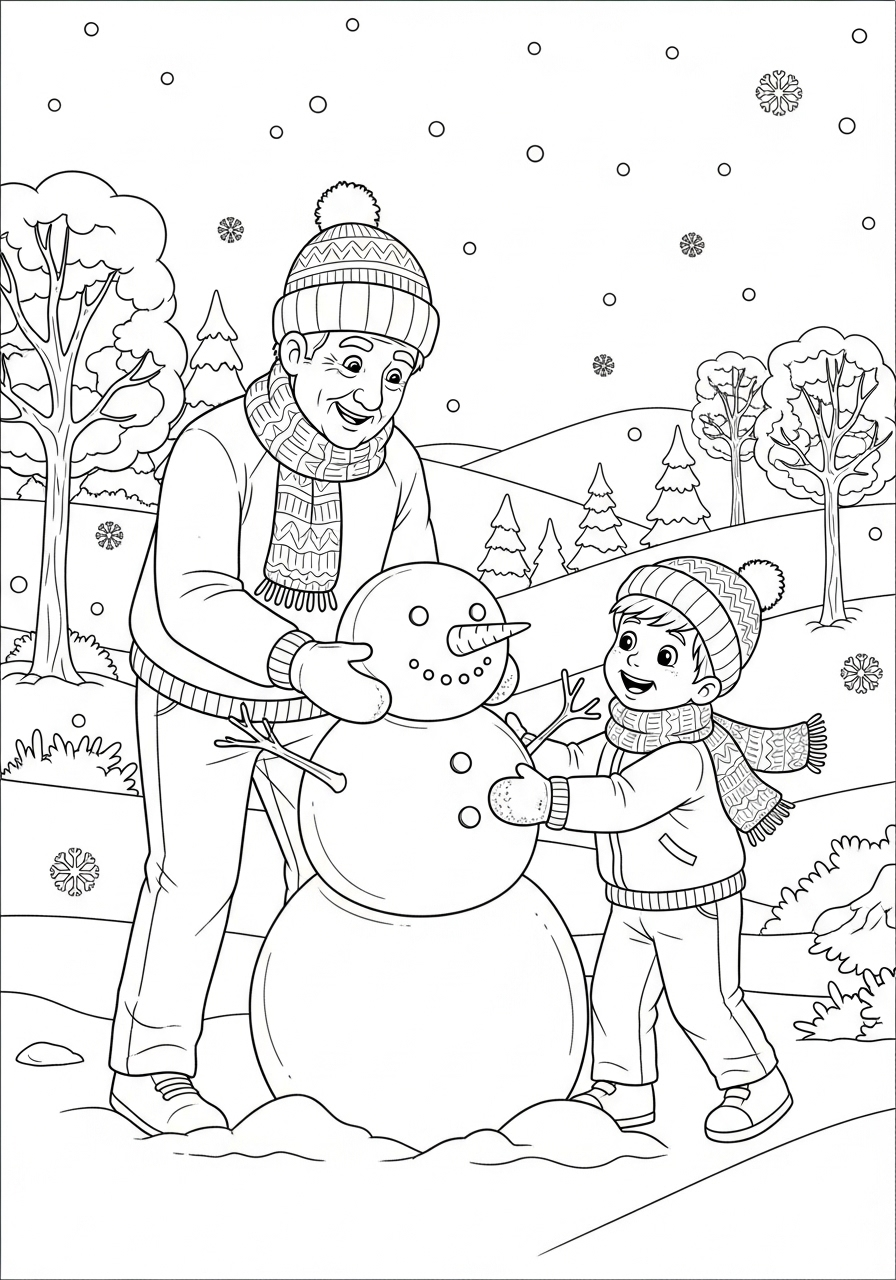 Kleurplaat Opa 18 opa en kleinzoon maken sneeuwpop kleurplaat