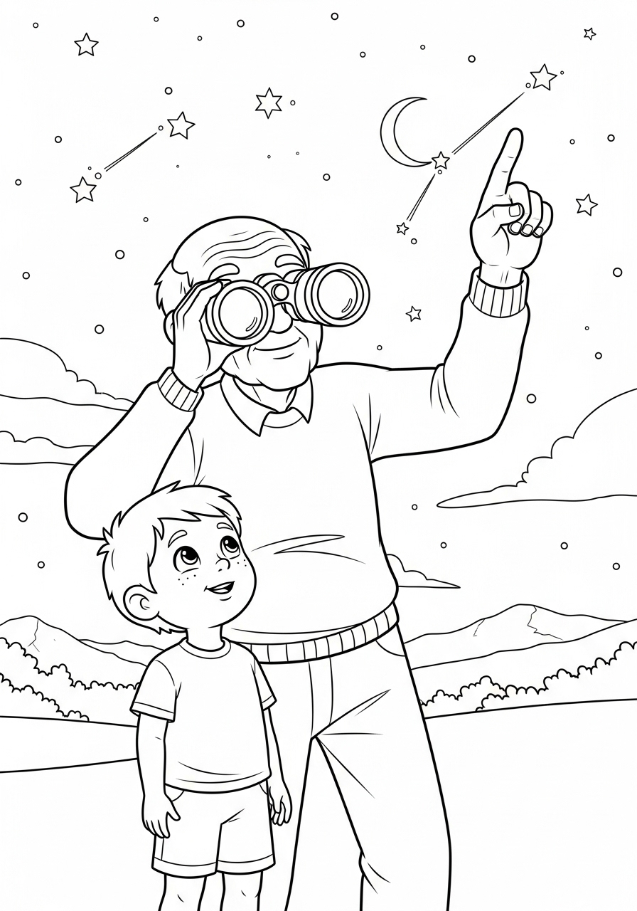 Kleurplaat Opa 17 opa en kleinzoon sterrenkijken kleurplaat