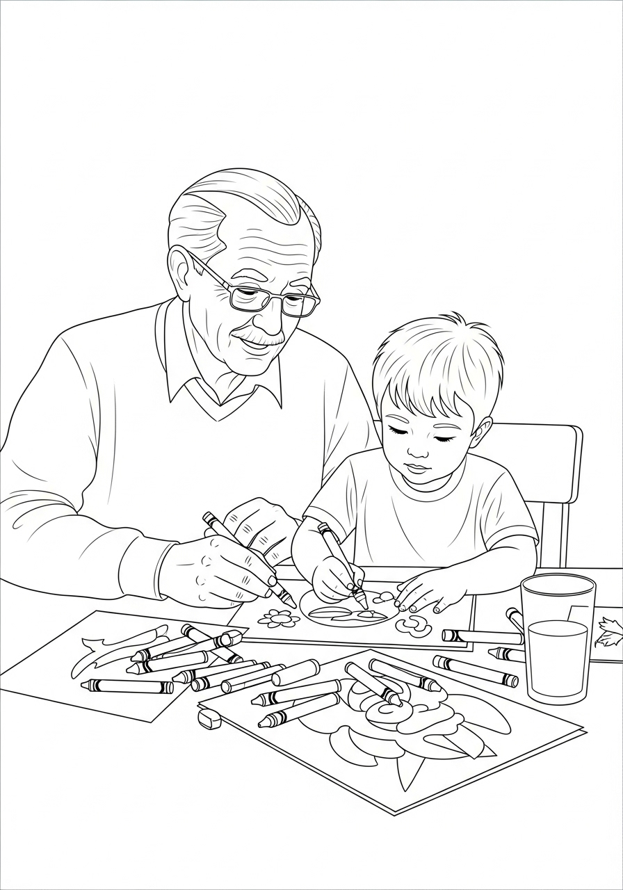 Kleurplaat Opa 16 opa en kleinzoon tekenen samen kleurplaat