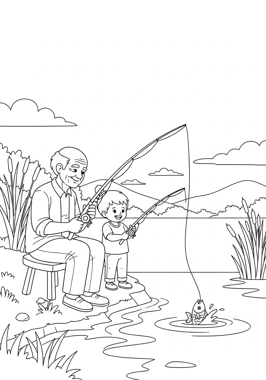 Kleurplaat Opa 15 opa en kleinzoon vissen kleurplaat