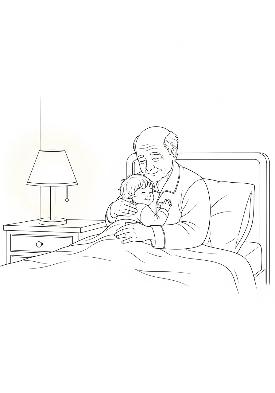 Kleurplaat Opa 12 opa knuffelt kleinzoon bij bedtijd kleurplaat