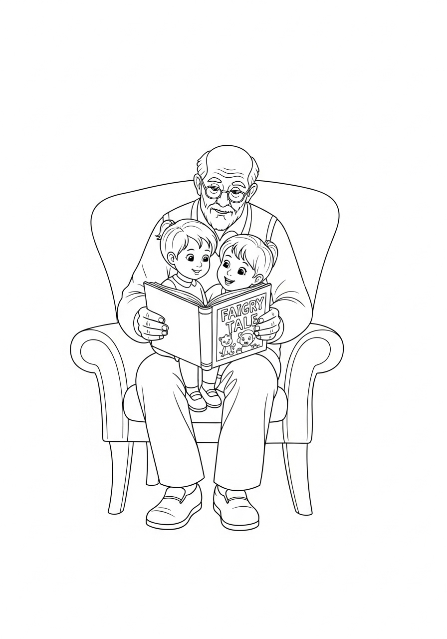 Kleurplaat Opa 10 opa leest verhaal aan kleinkinderen kleurplaat