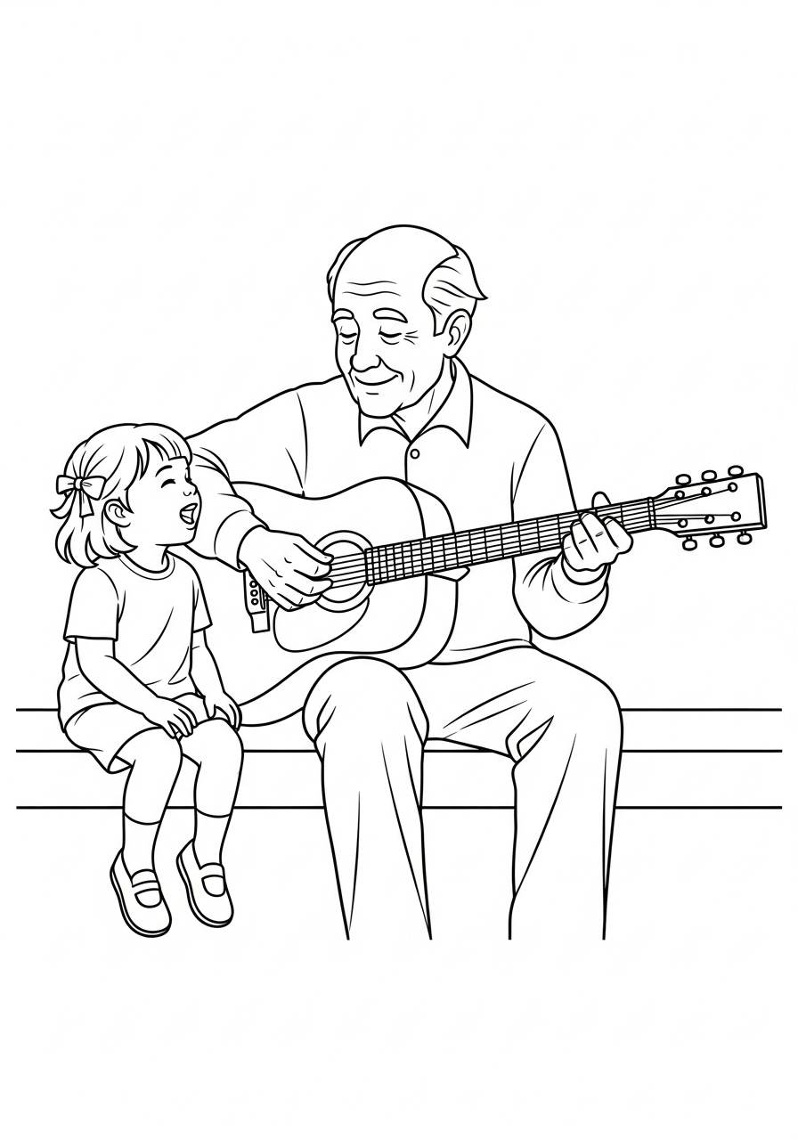 Kleurplaat Opa 9 opa speelt gitaar met kleindochter kleurplaat