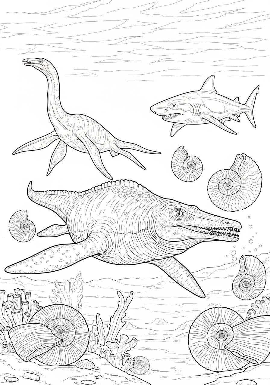 Mosasaurus Kleurplaat 12 prehistorische zee met mosasaurus en haai kleurplaat