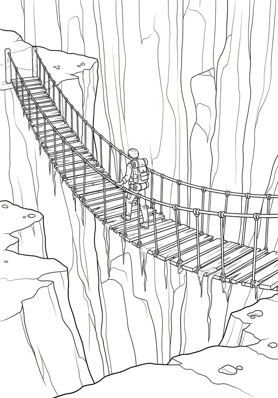 Avonturier Kleurplaat 11 reiziger op hangbrug boven afgrond avonturier kleurplaat