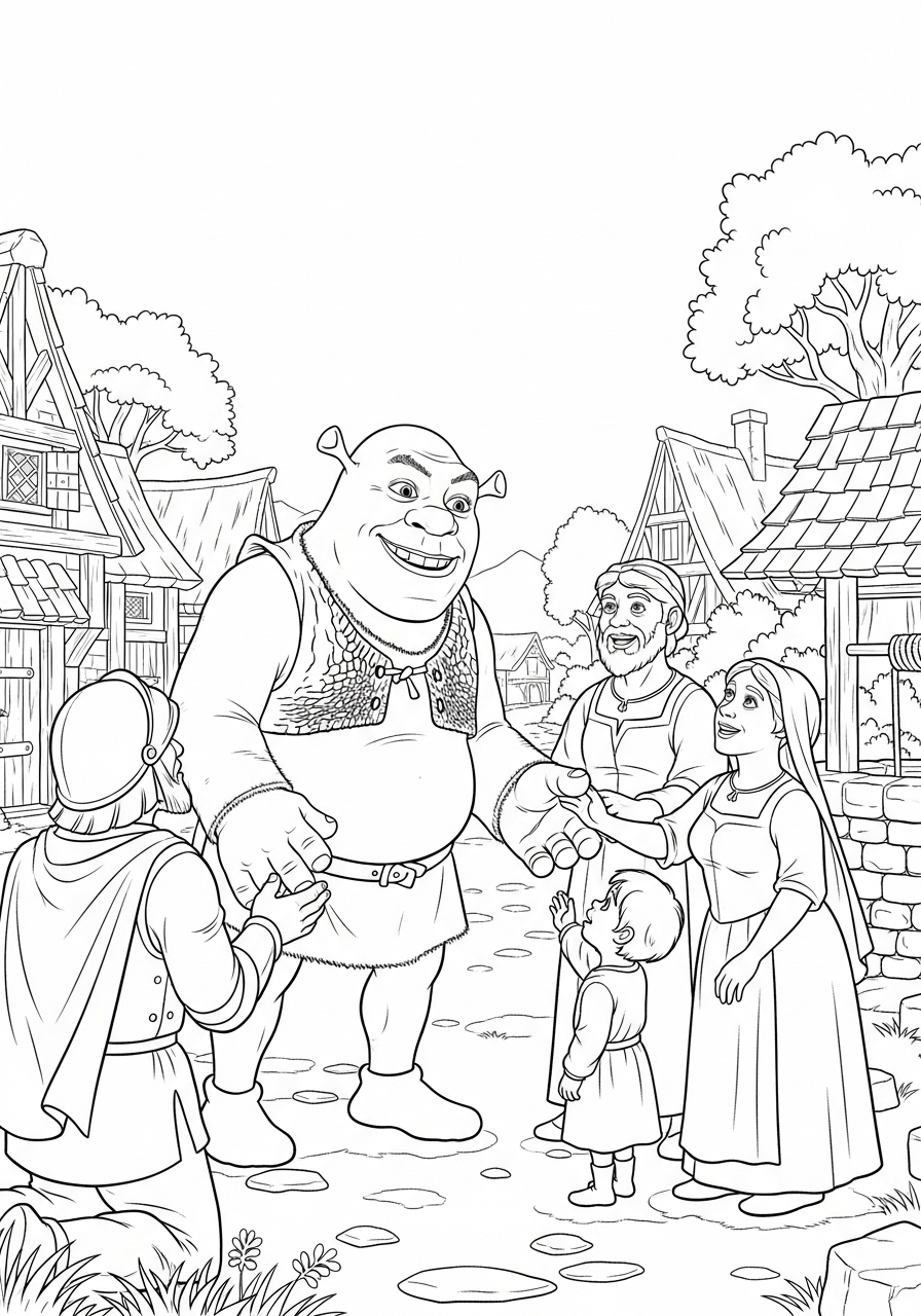 Kleurplaat Shrek 22 shrek bezoekt dorpelingen kleurplaat