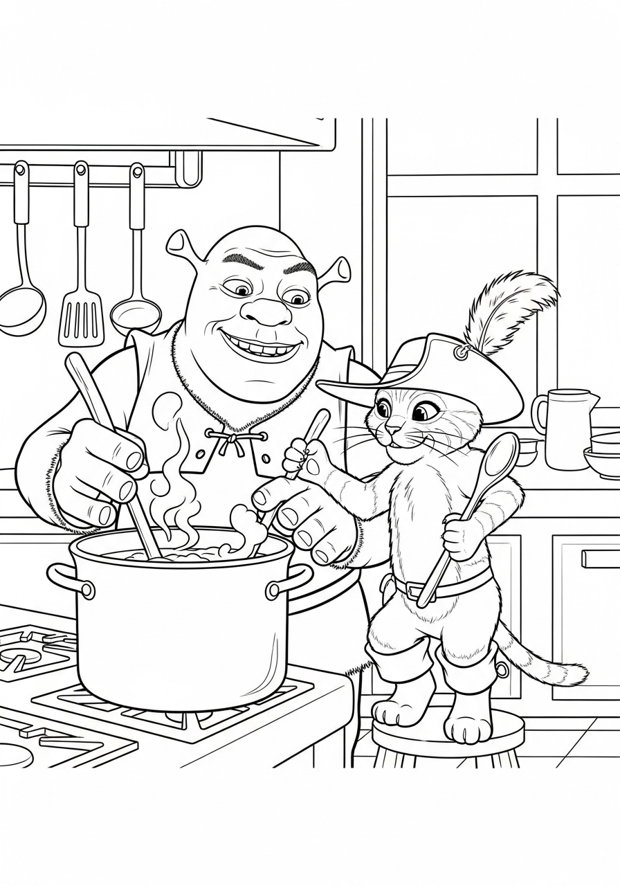 Kleurplaat Shrek 21 shrek en de gelaarsde kat koken samen kleurplaat