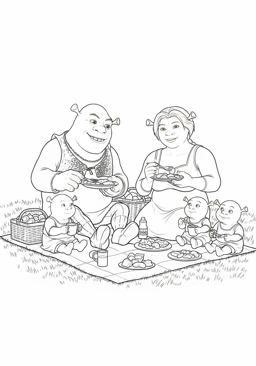 Kleurplaat Shrek 17 shrek en fiona picknick met kinderen kleurplaat