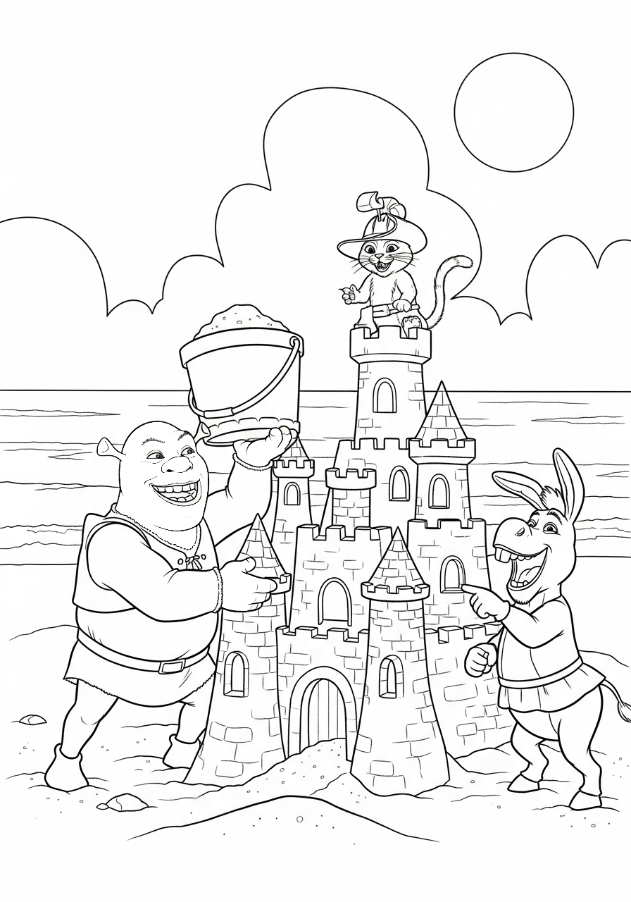 Kleurplaat Shrek 16 shrek en vrienden bouwen zandkasteel kleurplaat
