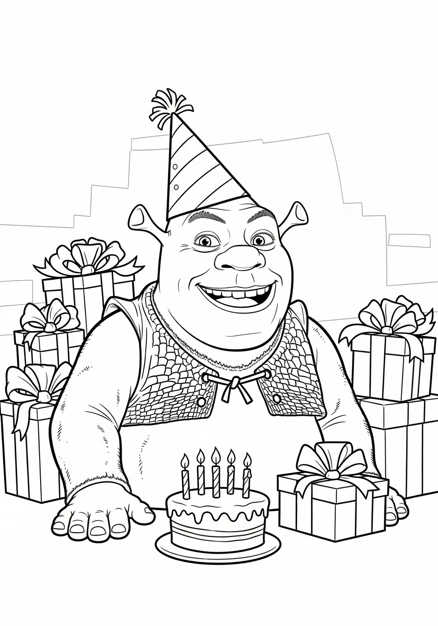 Kleurplaat Shrek 10 shrek verjaardag met cadeaus kleurplaat