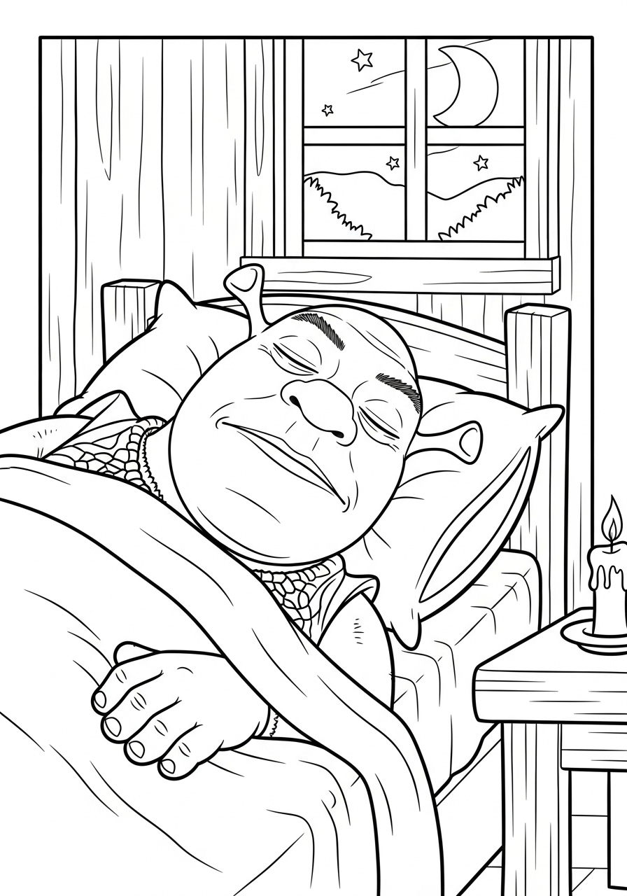 Kleurplaat Shrek 9 slapende shrek in zijn huis kleurplaat