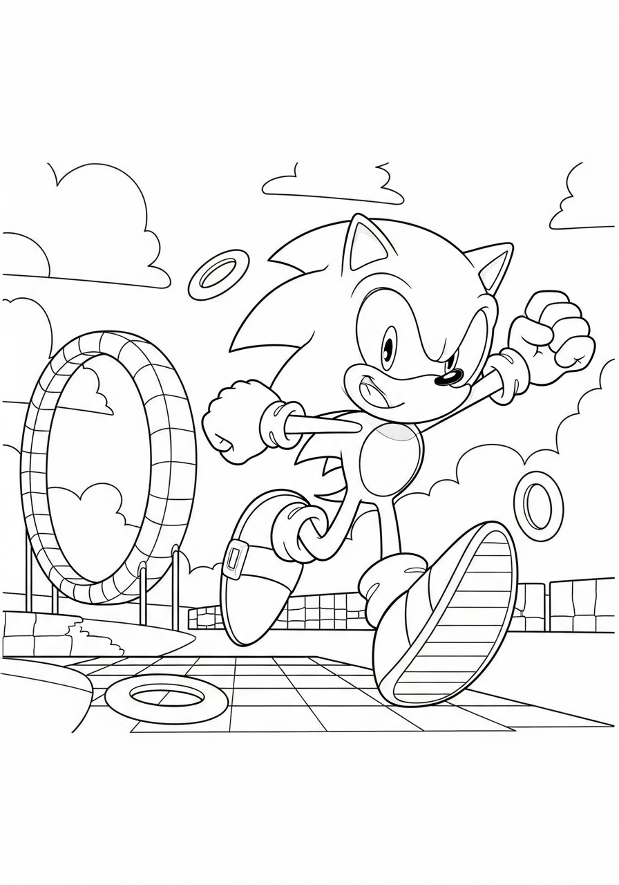 Sonic kleurplaat 10 sonic in zijn spelwereld vol ringen kleurplaat