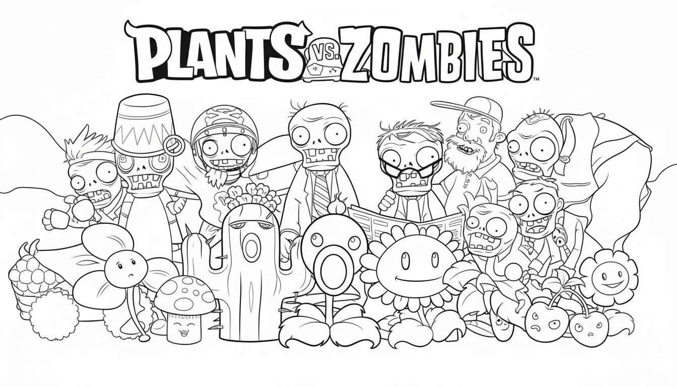 Plants vs. Zombies kleurplaat 14 team planten en zombies samen kleurplaat