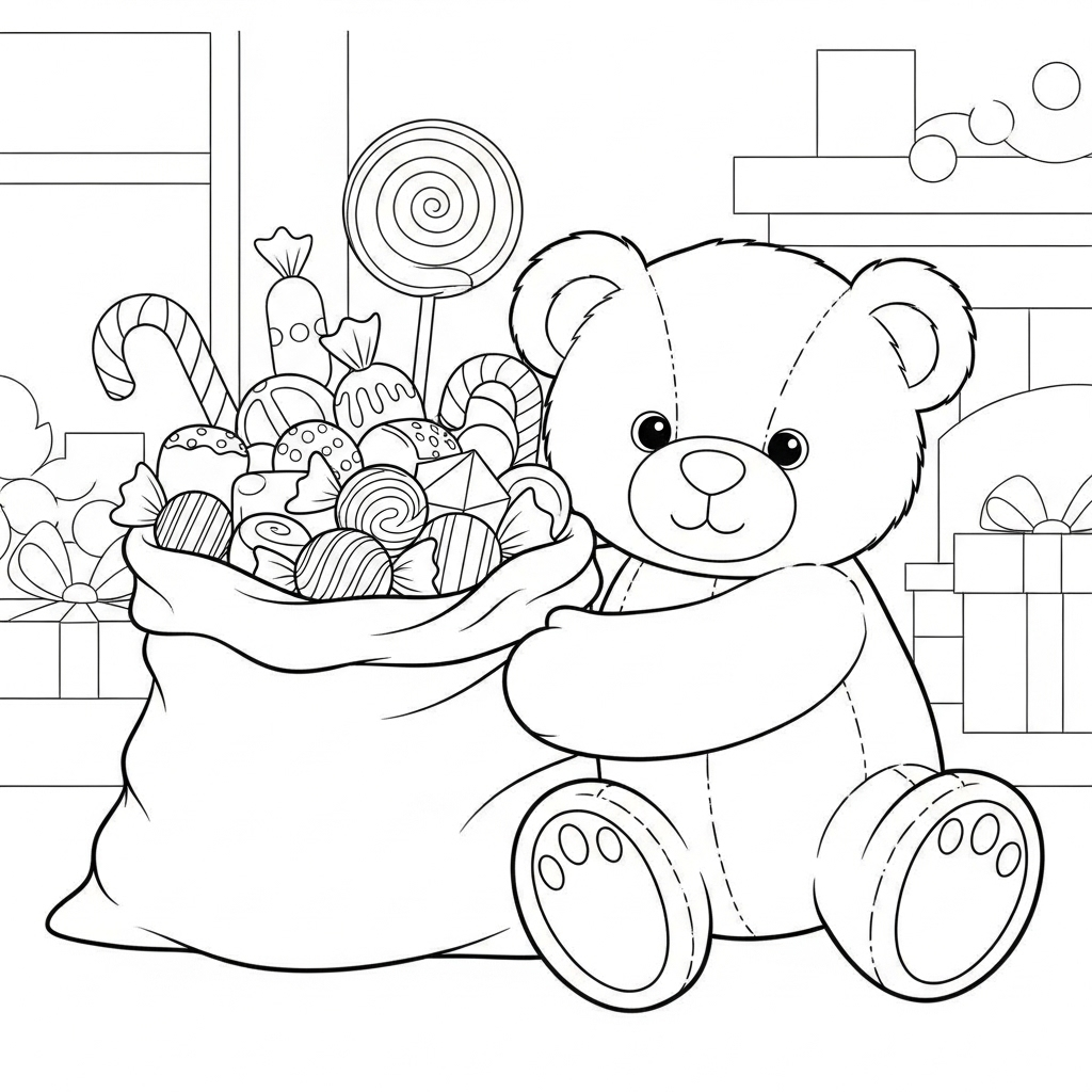 Kleurplaat Kerst Snoepgoed 10 teddybeer met snoepzak kleurplaat