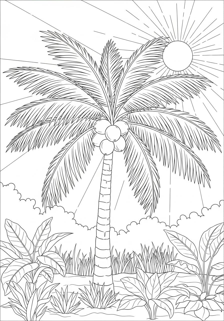 Kleurplaat Palmboom 19 tropische palmboom met kokosnoten kleurplaat