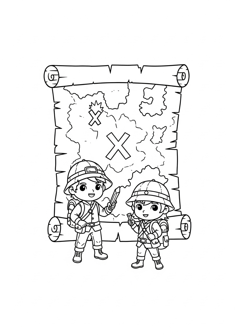 Avonturier Kleurplaat 10 twee kinderen met schatkaart en kompas avonturier kleurplaat