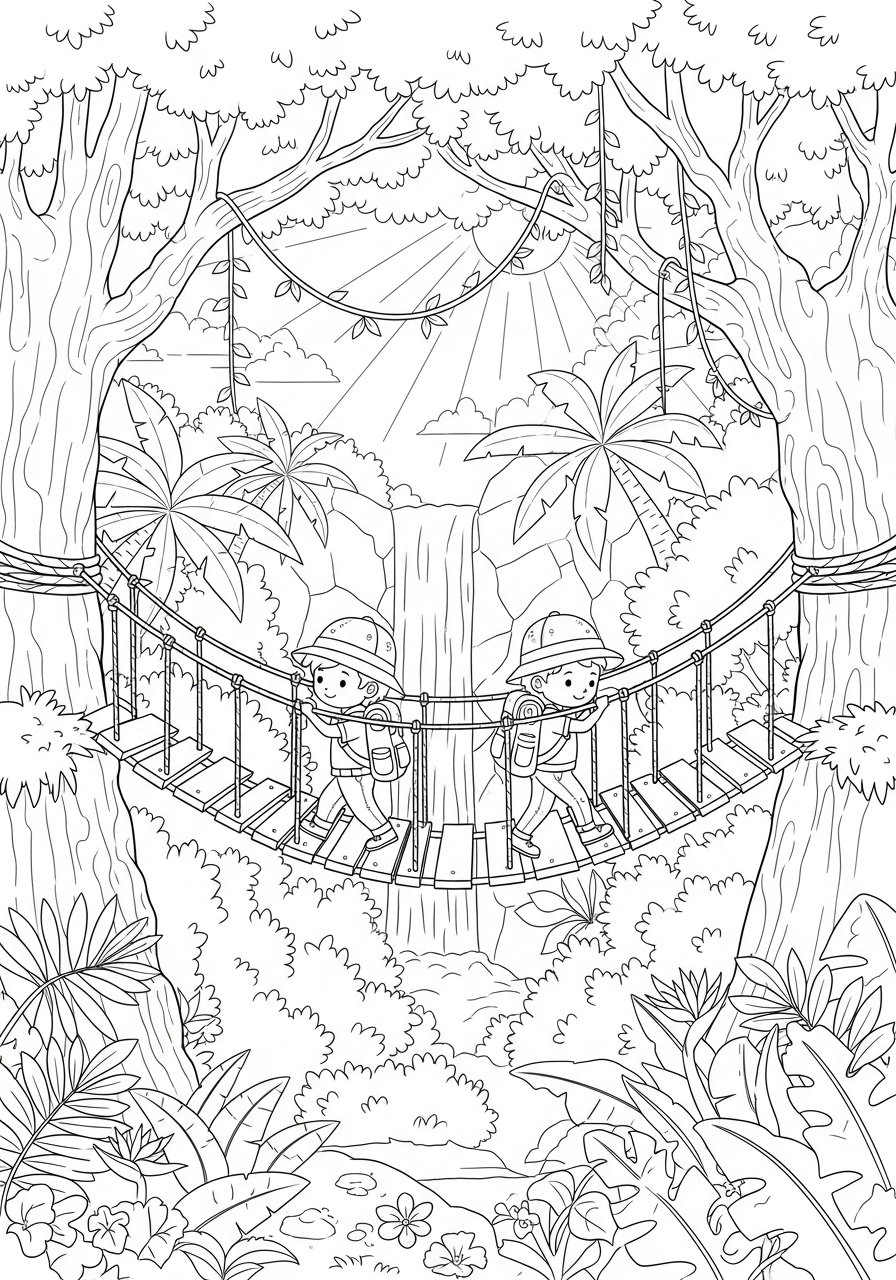 Avonturier Kleurplaat 9 twee kinderen op touwbrug in de jungle avonturier kleurplaat