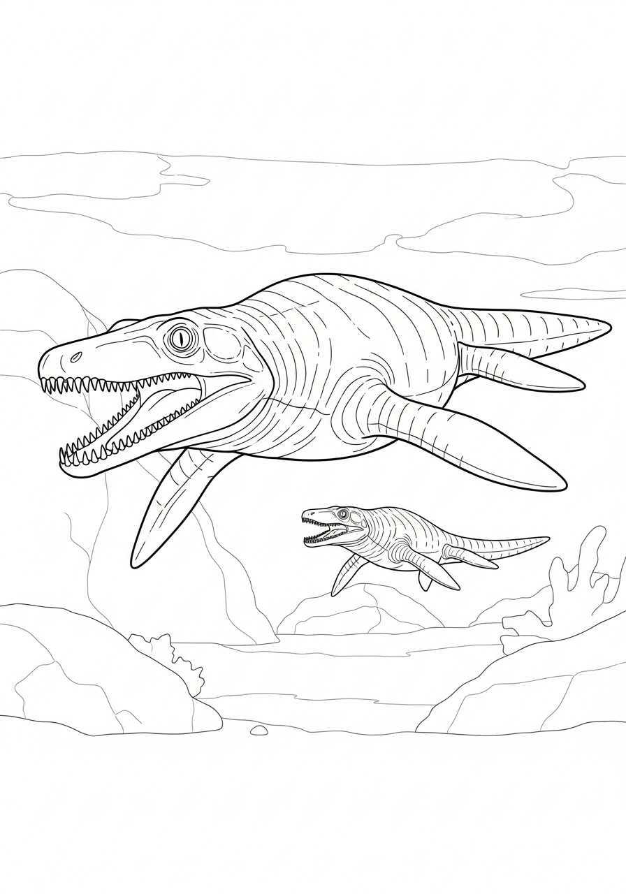 Mosasaurus Kleurplaat 10 twee mosasaurussen zwemmen samen kleurplaat