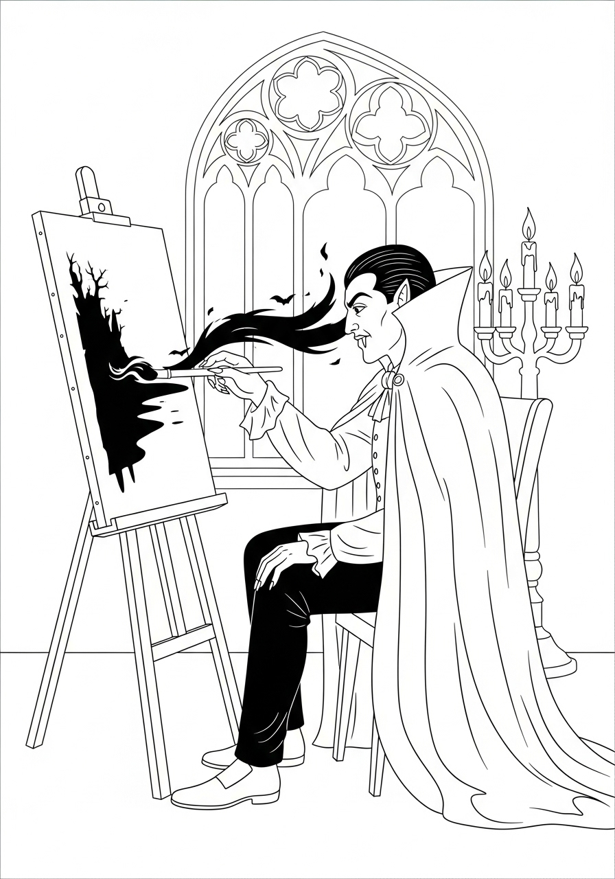 Kleurplaat Vampire 15 vampier maakt mysterieus schilderij kleurplaat