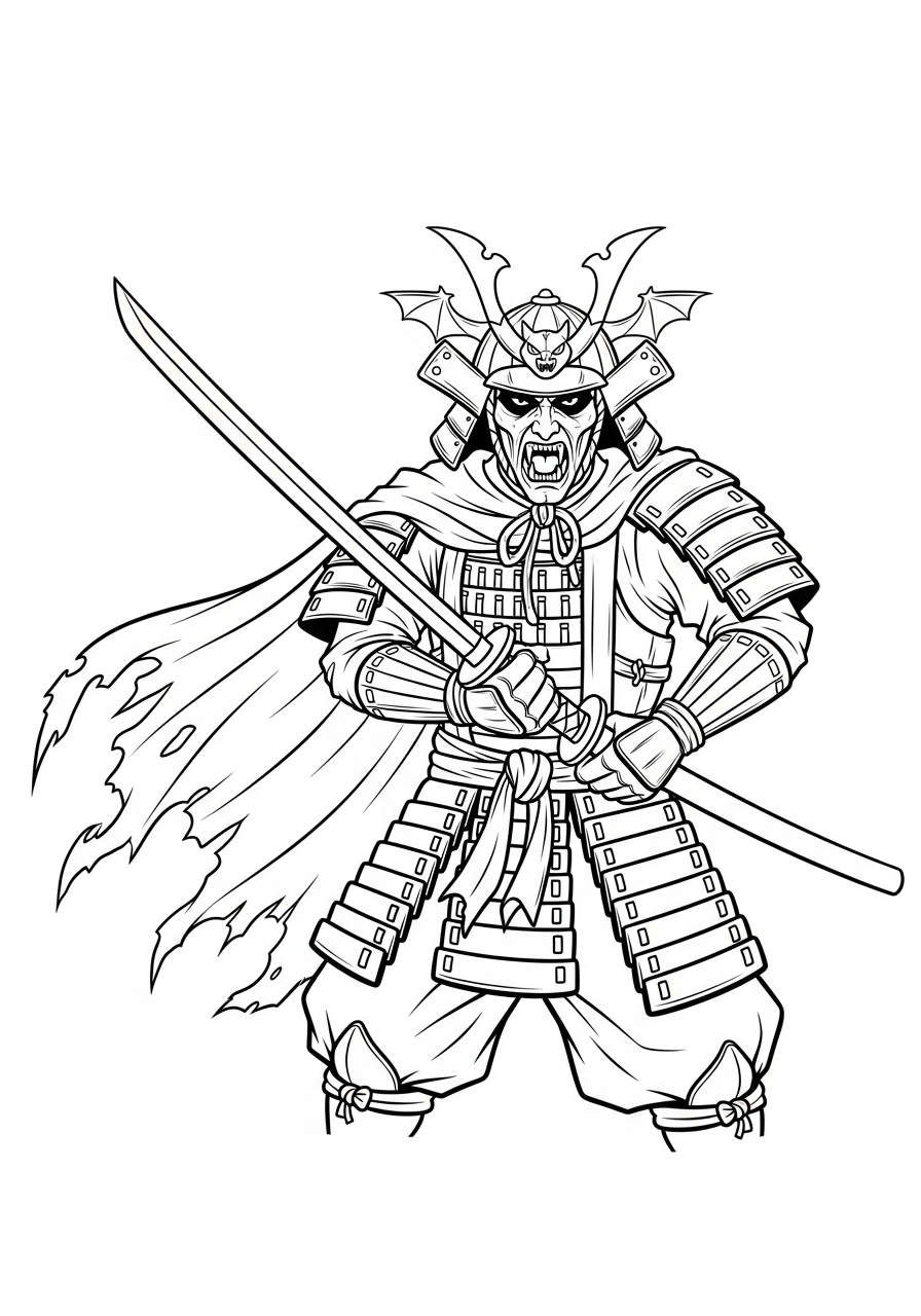 Kleurplaat Vampire 12 vampier samurai met zwaard en harnas kleurplaat