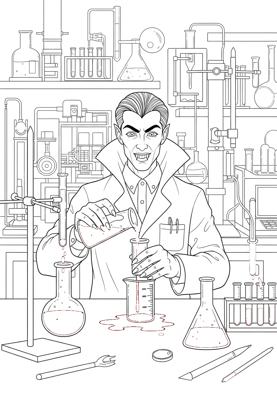 Kleurplaat Vampire 10 vampier wetenschapper in laboratorium kleurplaat