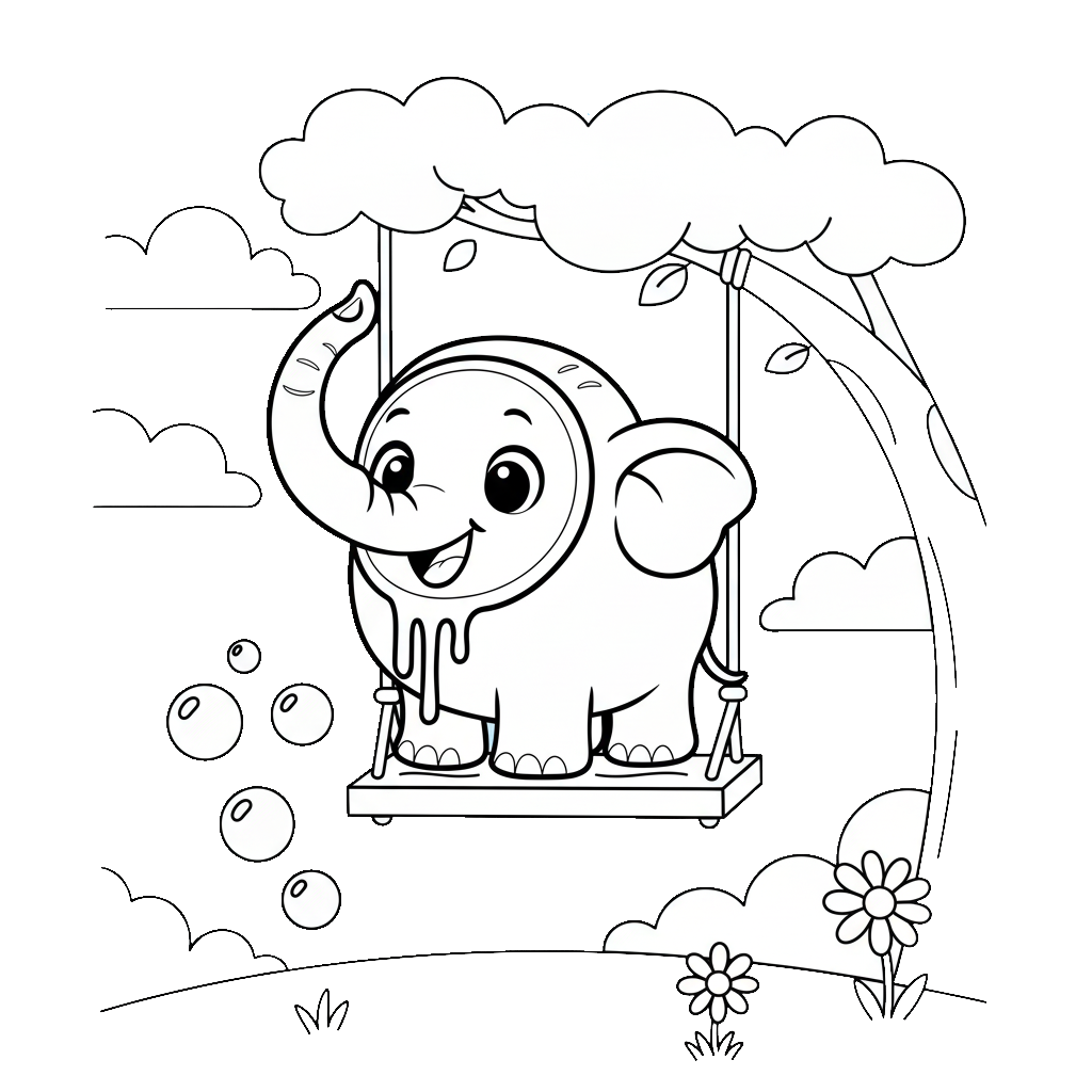 vrolijke cocofanto elefanto op schommel kleurplaat