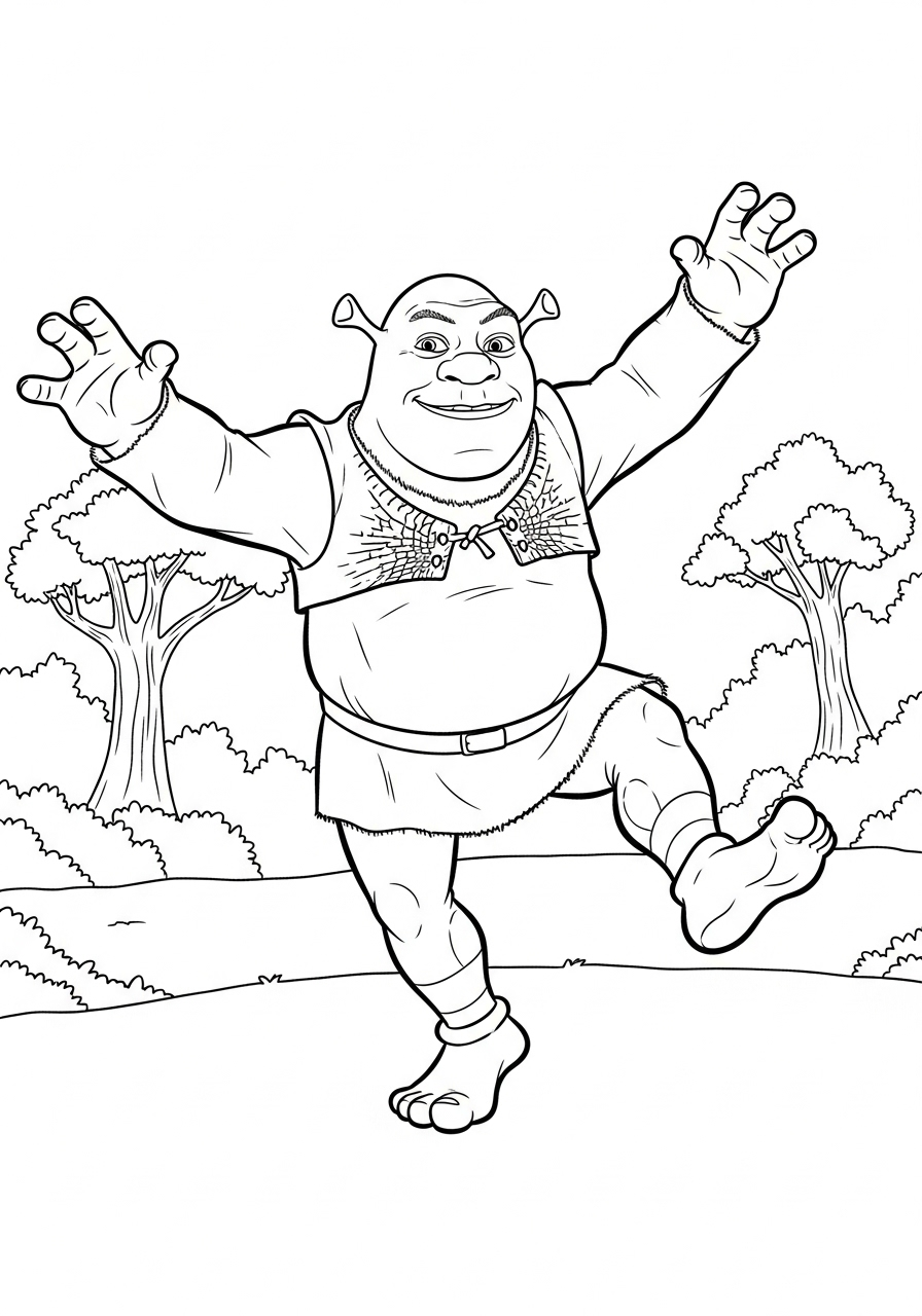 Kleurplaat Shrek 8 vrolijke shrek danst in het bos kleurplaat