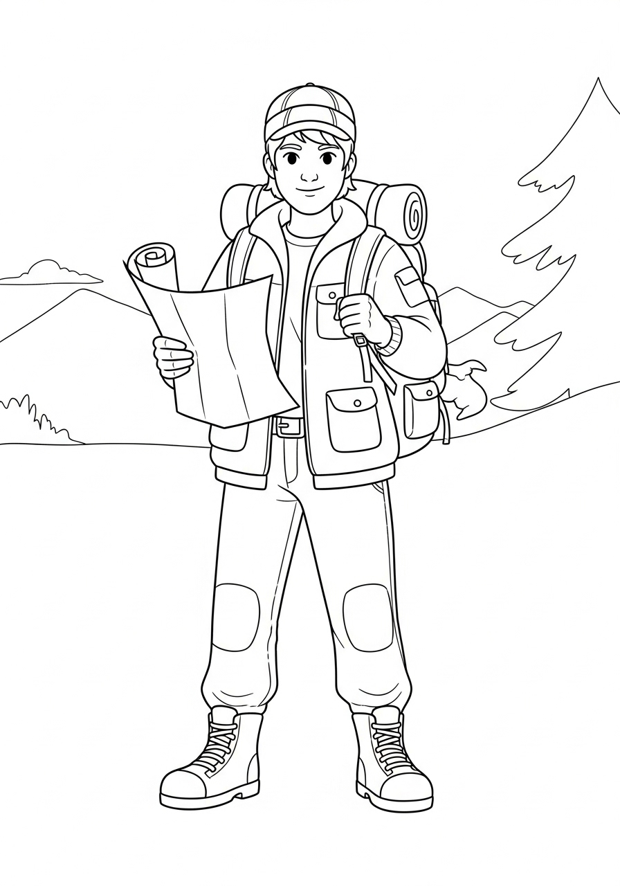 Avonturier Kleurplaat 8 wandelaar met kaart en rugzak avonturier kleurplaat