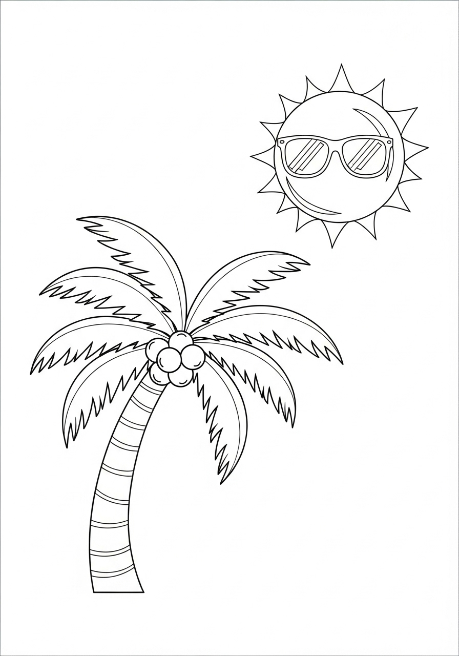 Kleurplaat Palmboom 22 zon en palmboom aan het strand kleurplaat