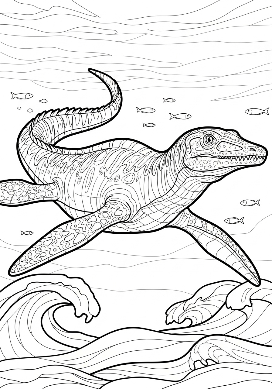 Mosasaurus Kleurplaat 9 zwemmende mosasaurus met golven kleurplaat