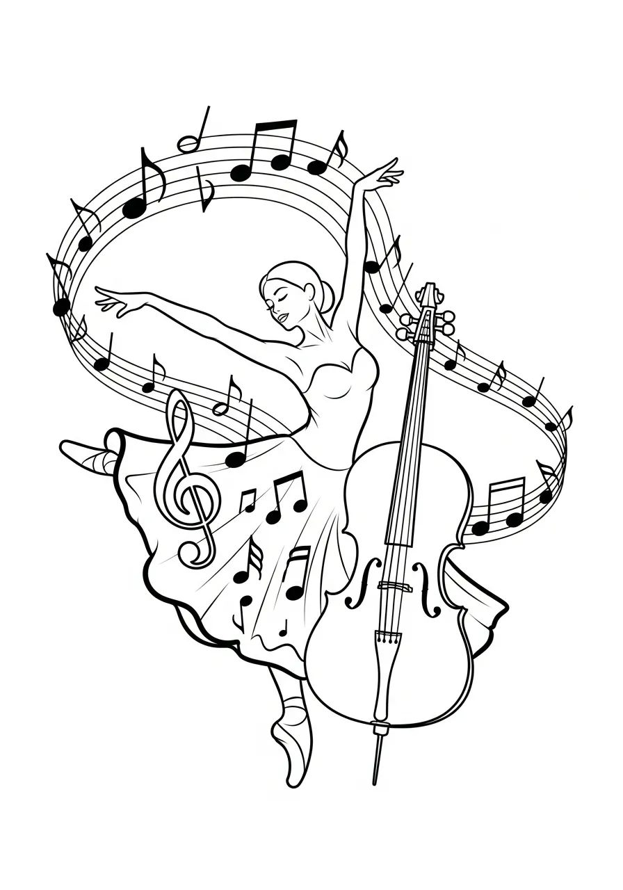 Kleurplaat Cello 8 ballerina danst rondom cello kleurplaat