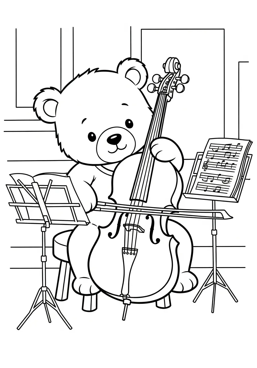 Kleurplaat Cello 9 beer speelt op cello in studiekamer kleurplaat