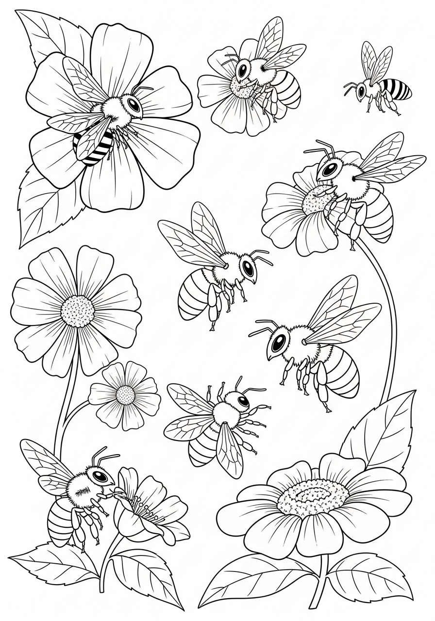 Bijen Kleurplaat 9 bijen in de bloementuin kleurplaat